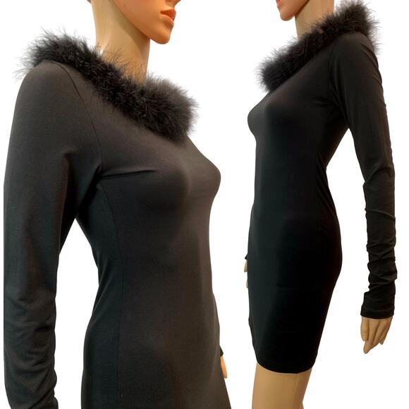 NEW Vintage Nadia Aboulhosn Mini Dress Black Marabou Trim - Picture 5 of 8